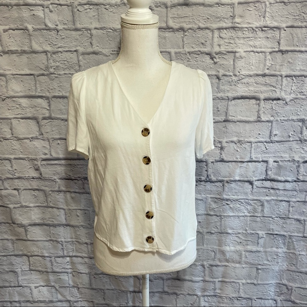 Urban Romantics Short  Off White Button Puff Shoulder Blouse